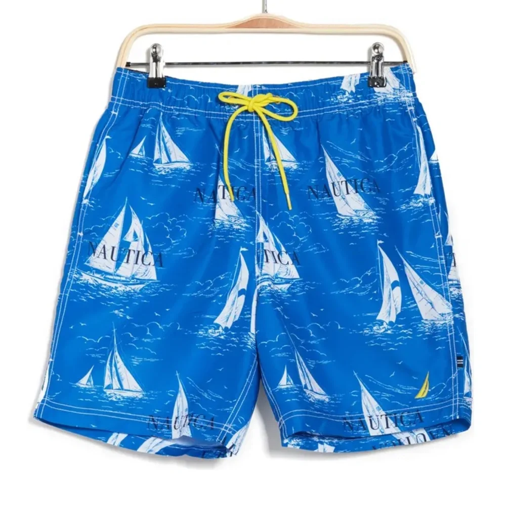Nautica Vintage Sailboat Print Quick Dry Lined Swim Shorts Blue White Sz XXL NWT